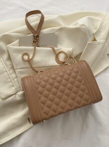 絎縫圖案金屬裝飾方包 - 卡其色 - 查看 8