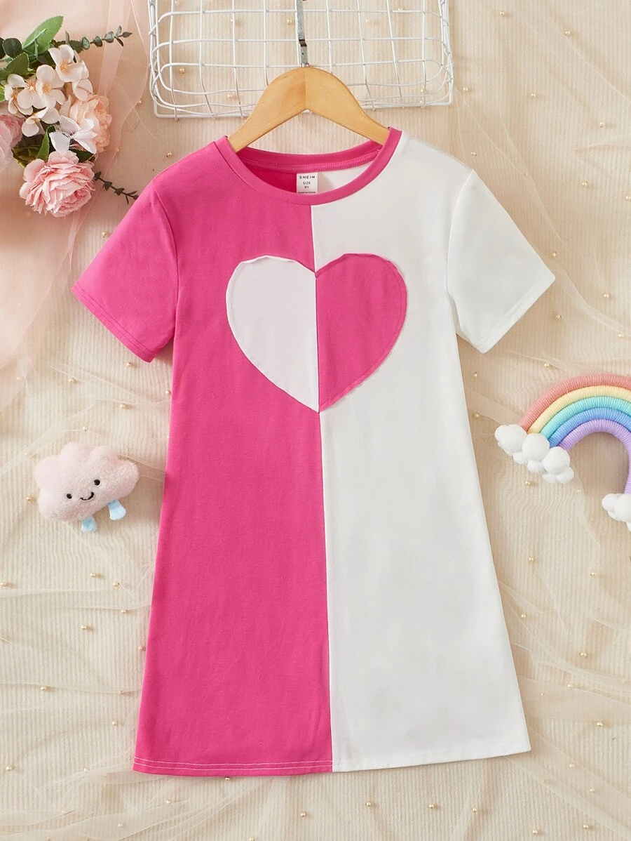 SHEIN Girls Heart Print Two Tone Tee Dress - Multicolor - View 1