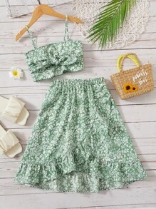 SHEIN Leap Crew 女孩碎花吊帶上衣和荷葉邊不對稱下擺半身裙 - 彩色 - 查看 1