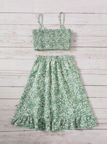 SHEIN Leap Crew 女孩碎花吊帶上衣和荷葉邊不對稱下擺半身裙 - 彩色 - 查看 2