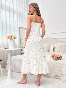 Ditsy Floral Print Ruffle Hem Cami Nightdress - White - View 2