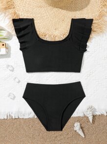 Conjunto de bikini con ribete de volantes para niña preadolescente, verano playa - Negro - Ver 1
