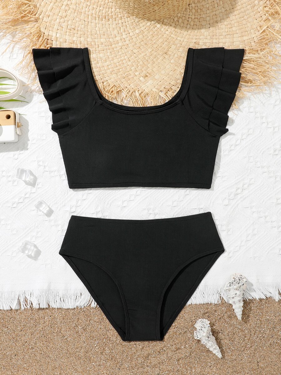 Conjunto de bikini con ribete de volantes para niña preadolescente, verano playa - Negro - Ver 1