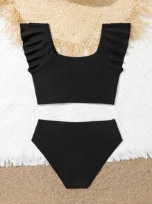Conjunto de bikini con ribete de volantes para niña preadolescente, verano playa - Negro - Ver 2