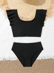 Conjunto de bikini con ribete de volantes para niña preadolescente, verano playa - Negro - Ver 5