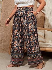 SHEIN VCAY Plus Floral Print Paperbag Waist Belted Straight Leg Trousers - Multicolor - View 1