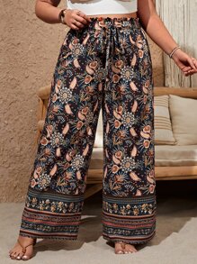 SHEIN VCAY Plus Floral Print Paperbag Waist Belted Straight Leg Trousers - Multicolor - View 3