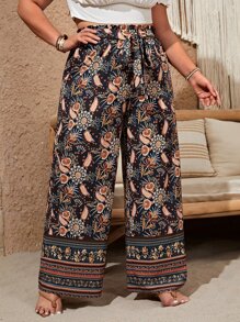 SHEIN VCAY Plus Floral Print Paperbag Waist Belted Straight Leg Trousers - Multicolor - View 4