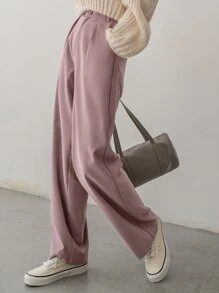 DAZY 纯色褶裥细节西装裤商务装 - 粉色 - 查看 4