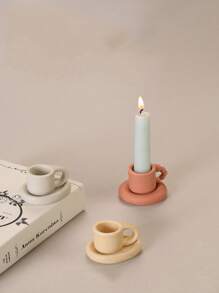1pc Polymer Clay Candle Holder, Mug Design Candle Stand For Home - Watermelon Pink - View 3
