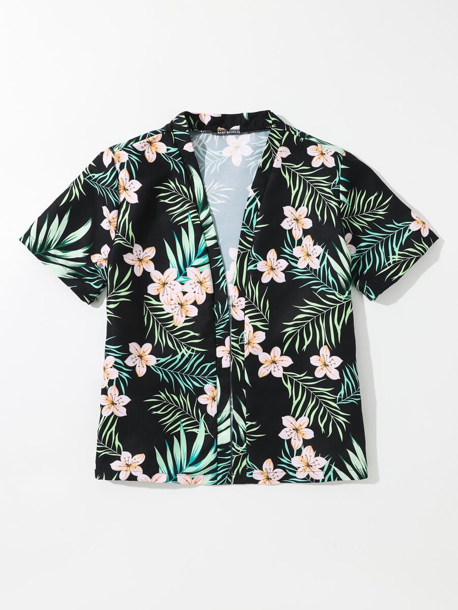 Boys Tropical Print Kimono - Black - View 1