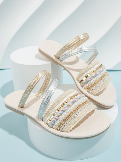戶外拖鞋金屬質感編織細節亮片和水鑽裝飾拖鞋