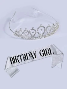 WHICHLIFE 2pcs Birthday Party Decorative Crown & Sash Set, Minimalist Artificial Crystal Rhinestone Decor Party Accessory For Birthday Party,Christmas - Silver - View 1