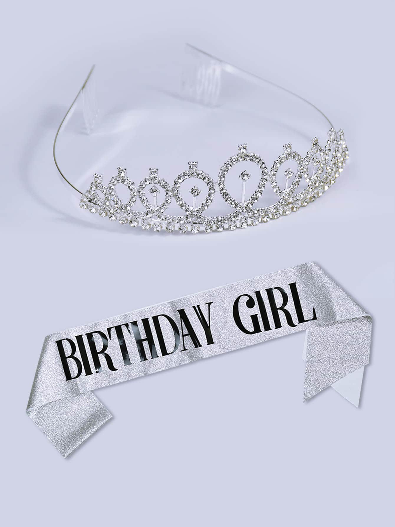 WHICHLIFE 2pcs Birthday Party Decorative Crown & Sash Set, Minimalist Artificial Crystal Rhinestone Decor Party Accessory For Birthday Party,Christmas - Silver - View 1