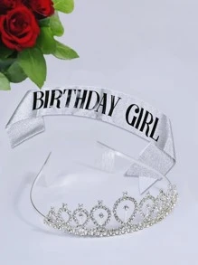 WHICHLIFE 2pcs Birthday Party Decorative Crown & Sash Set, Minimalist Artificial Crystal Rhinestone Decor Party Accessory For Birthday Party,Christmas - Silver - View 2