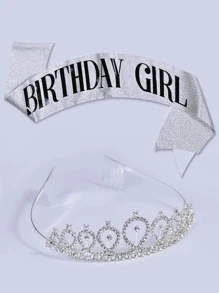 WHICHLIFE 2pcs Birthday Party Decorative Crown & Sash Set, Minimalist Artificial Crystal Rhinestone Decor Party Accessory For Birthday Party,Christmas - Silver - View 3