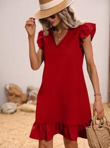 SHEIN VCAY Đầm Viên lá sen màu trơn Dễ thương - Đỏ - Xem 3