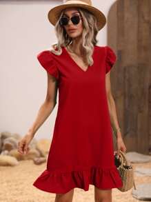 SHEIN VCAY Đầm Viên lá sen màu trơn Dễ thương - Đỏ - Xem 6