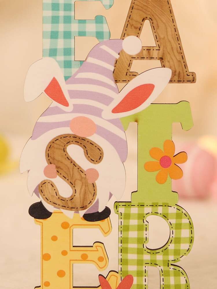 1pc Wooden Decoration Craft, Easter Gonk & Letter Design Decoration Object For Home - Multicolor - View 4