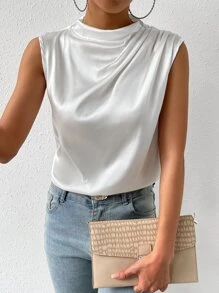 Chiquease Mock Neck Satin Blouse - White - View 5