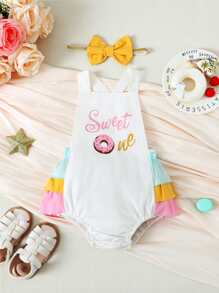Baby Donut & Letter Graphic Ruffle Trim Bodysuit - White - View 1