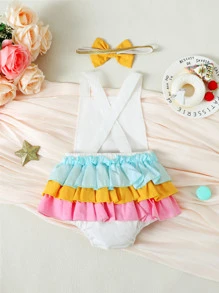 Baby Donut & Letter Graphic Ruffle Trim Bodysuit - White - View 2