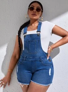 SHEIN SXY Plus Ripped Raw Hem Denim Overall Romper Without Tee - Medium Wash - View 2