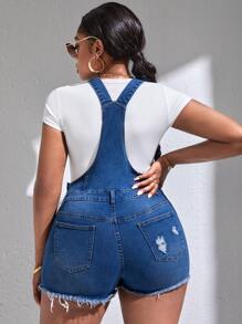 SHEIN SXY Plus Ripped Raw Hem Denim Overall Romper Without Tee - Medium Wash - View 3