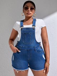 SHEIN SXY Plus Ripped Raw Hem Denim Overall Romper Without Tee - Medium Wash - View 4