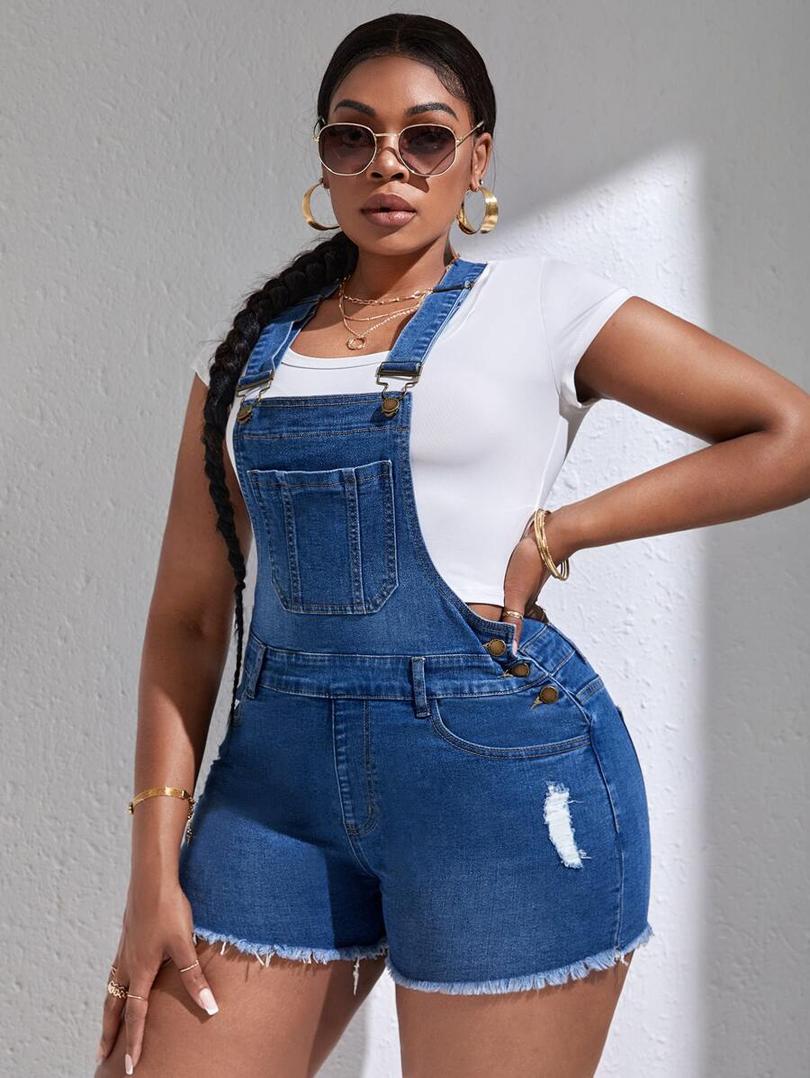 SHEIN SXY Plus Ripped Raw Hem Denim Overall Romper Without Tee - Medium Wash - View 1