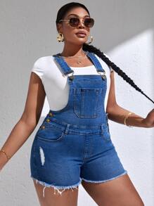 SHEIN SXY Plus Ripped Raw Hem Denim Overall Romper Without Tee - Medium Wash - View 5