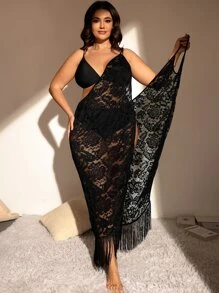 SHEIN Swim Curve Plus Fringe Hem Lace Kimono Without Lingerie Set, For Summer Beach Vacation - Black - View 1