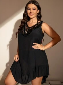 SHEIN Swim Curve Summer Beach Plus Pom Pom Trim Tie Backless Ruffle Hem Cover Up Dress - Black - View 3