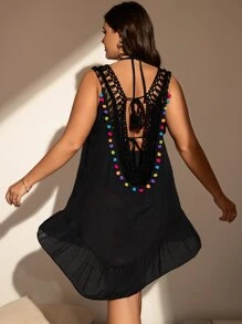 SHEIN Swim Curve Summer Beach Plus Pom Pom Trim Tie Backless Ruffle Hem Cover Up Dress - Black - View 4