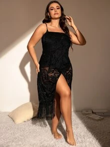 SHEIN Swim Curve Plus Fringe Hem Lace Kimono Without Lingerie Set, For Summer Beach Vacation - Black - View 5
