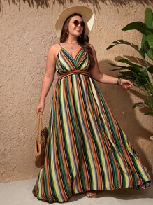 SHEIN Clasi Plus Striped & Geo Print Cami Dress - Multicolor - View 1