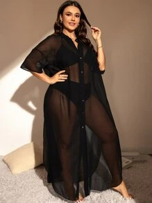 Swim Lushoire Summer Beach Plus Button Front Sheer Mesh Kimono