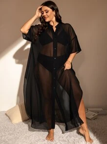Swim Lushoire Summer Beach Plus Button Front Sheer Mesh Kimono
