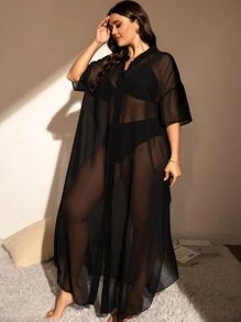 Swim Lushoire Summer Beach Plus Button Front Sheer Mesh Kimono