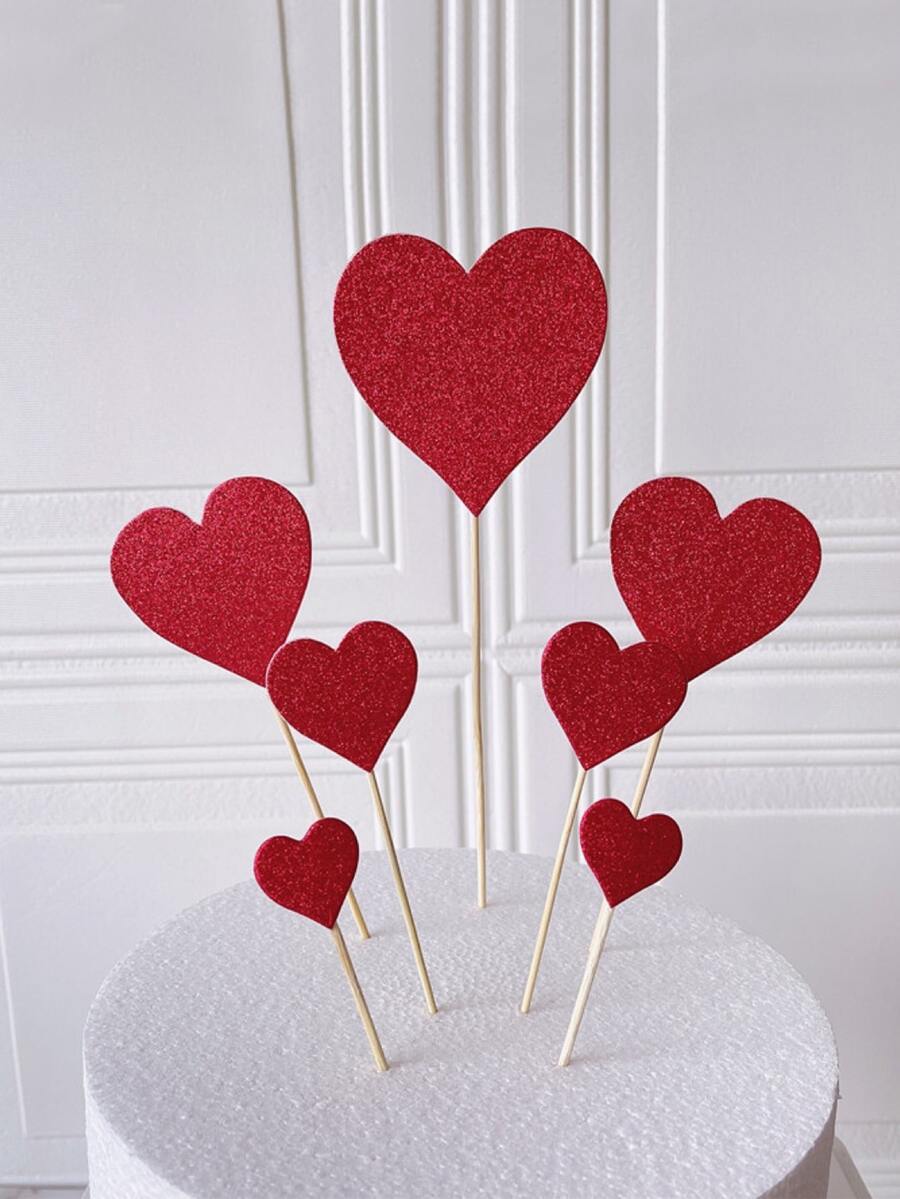 7pcs Heart Design Cake Topper, Simple Glitter Detail Cake Top Decoration For Party - Red - View 1