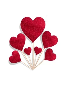 7pcs Heart Design Cake Topper, Simple Glitter Detail Cake Top Decoration For Party - Red - View 3
