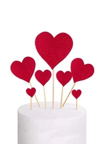 7pcs Heart Design Cake Topper, Simple Glitter Detail Cake Top Decoration For Party - Red - View 4