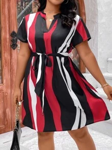 SHEIN Clasi Plus Colourblock Notched Neckline Belted Dress - Multicolor - View 3