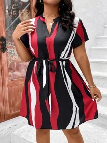 SHEIN Clasi Plus Colourblock Notched Neckline Belted Dress - Multicolor - View 6