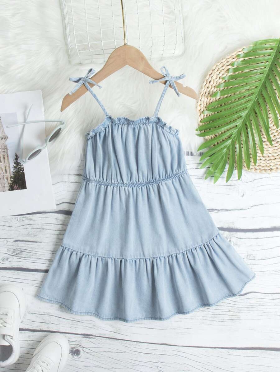 Toddler Girls Bow Shoulder Ruffle Hem Cami Denim Dress - Light Wash - View 1