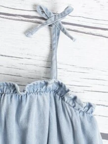 Toddler Girls Bow Shoulder Ruffle Hem Cami Denim Dress - Light Wash - View 3