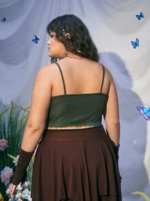 ROMWE Plus Lace Trim Cami Top - Dark Green - View 2