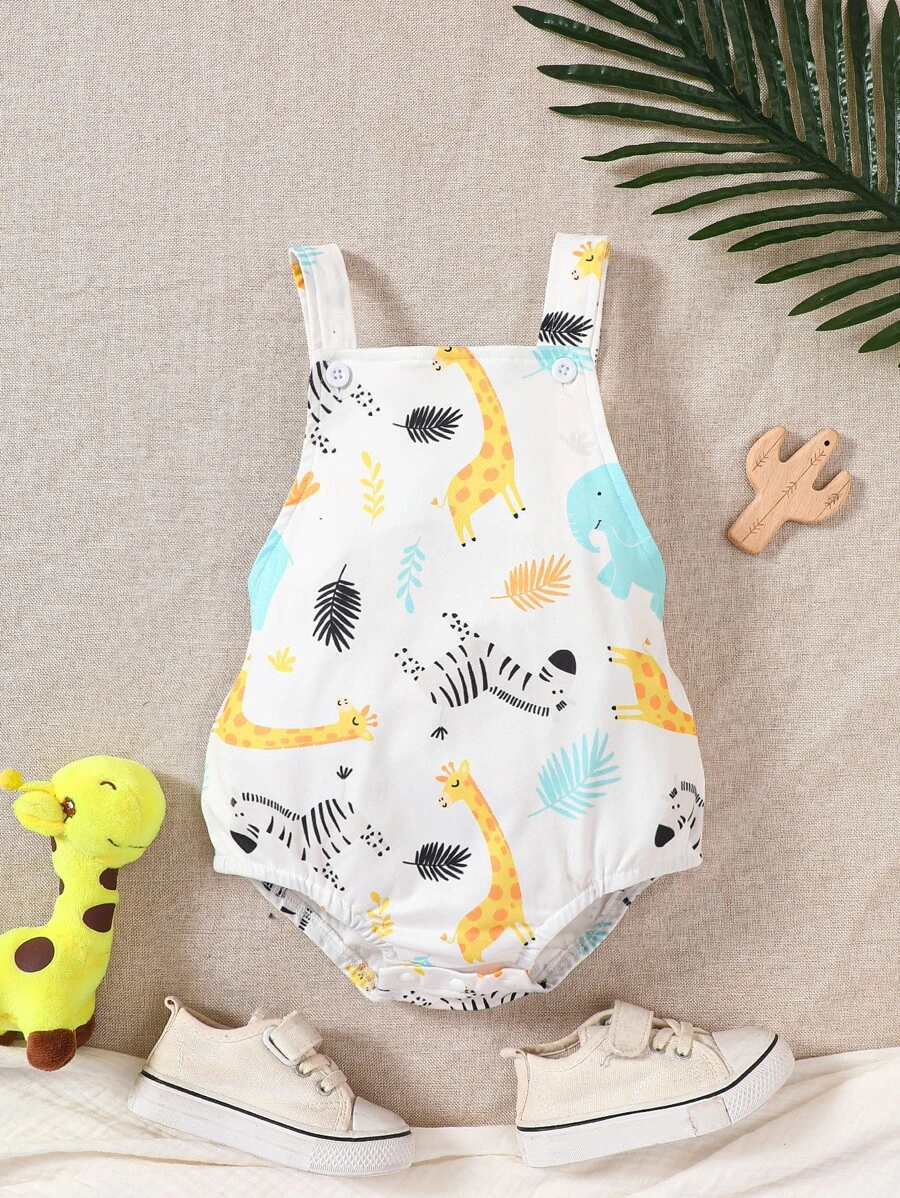 男嬰卡通圖案背帶連體衣 - 白色 - 查看 1