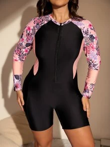 Swim Lushoire 大碼熱帶圖案前拉鍊插肩袖連體泳衣 - 彩色 - 查看 6