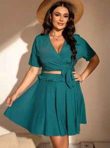 SHEIN Swim Curve Plus Size Knot Side Tankini With Beach Skirt Summer Beach - Teal Blue - View 1